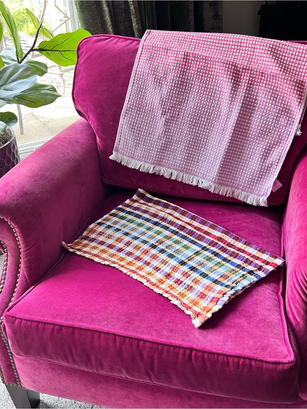 2 ANTHROPOLOGIE Cotton Towel plaid dish hand kitchen linens rainbow gingham